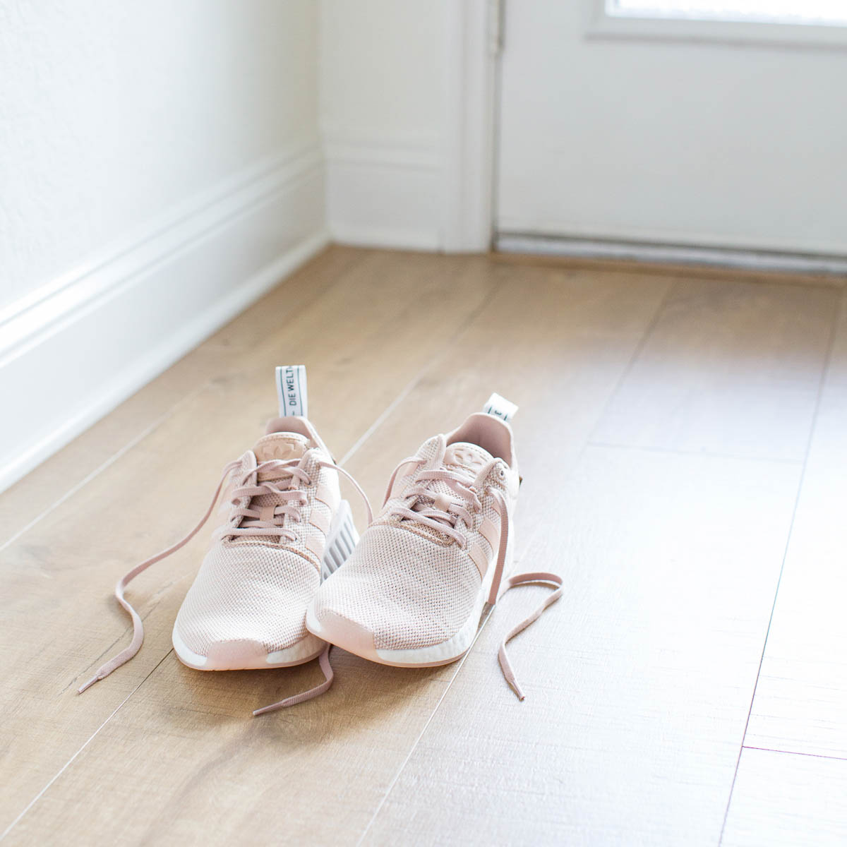 front hallway with light wood floors and pink running shoes