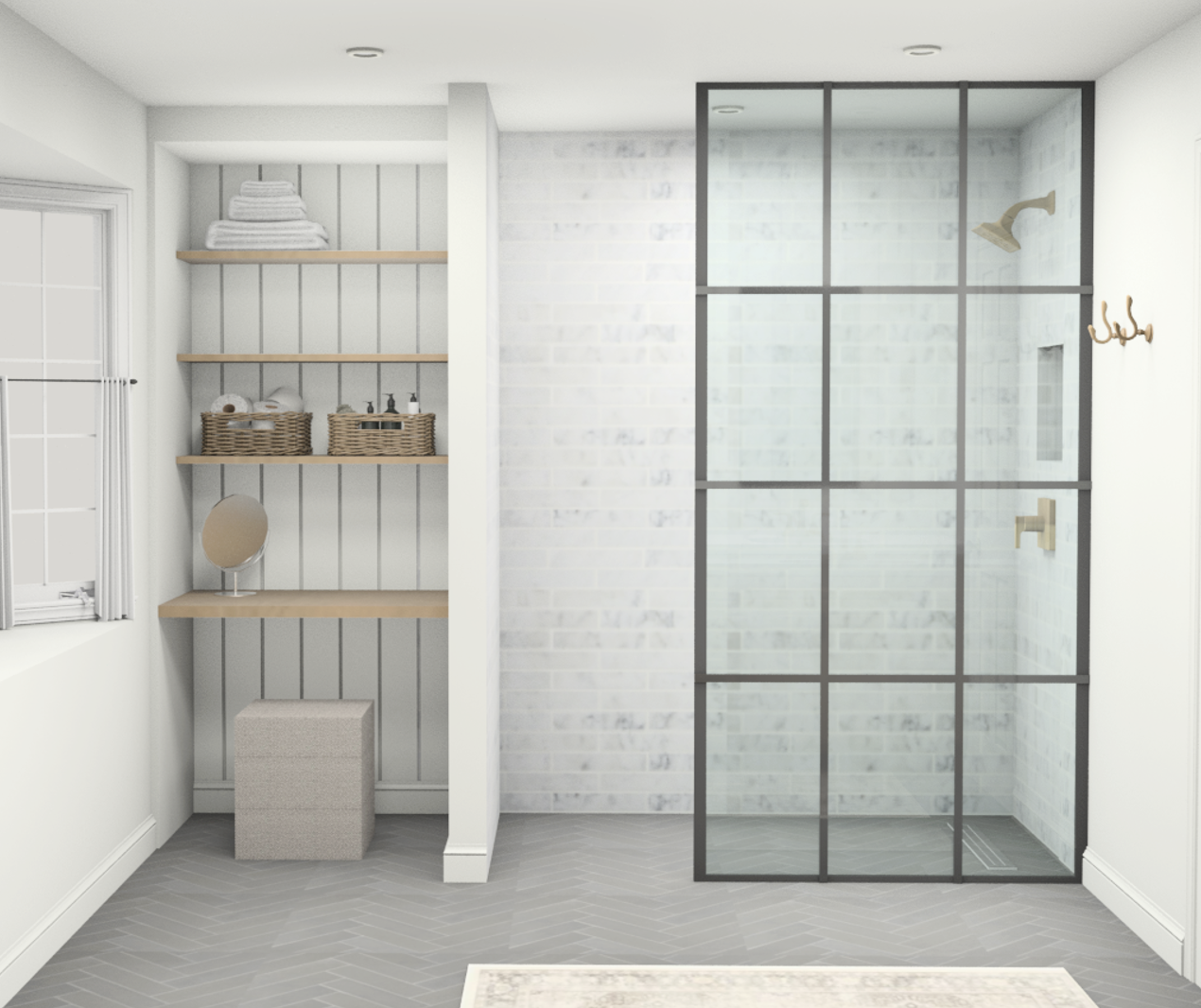 3D rendering of custom bathroom design with white oak vanity area and large walk-in shower
