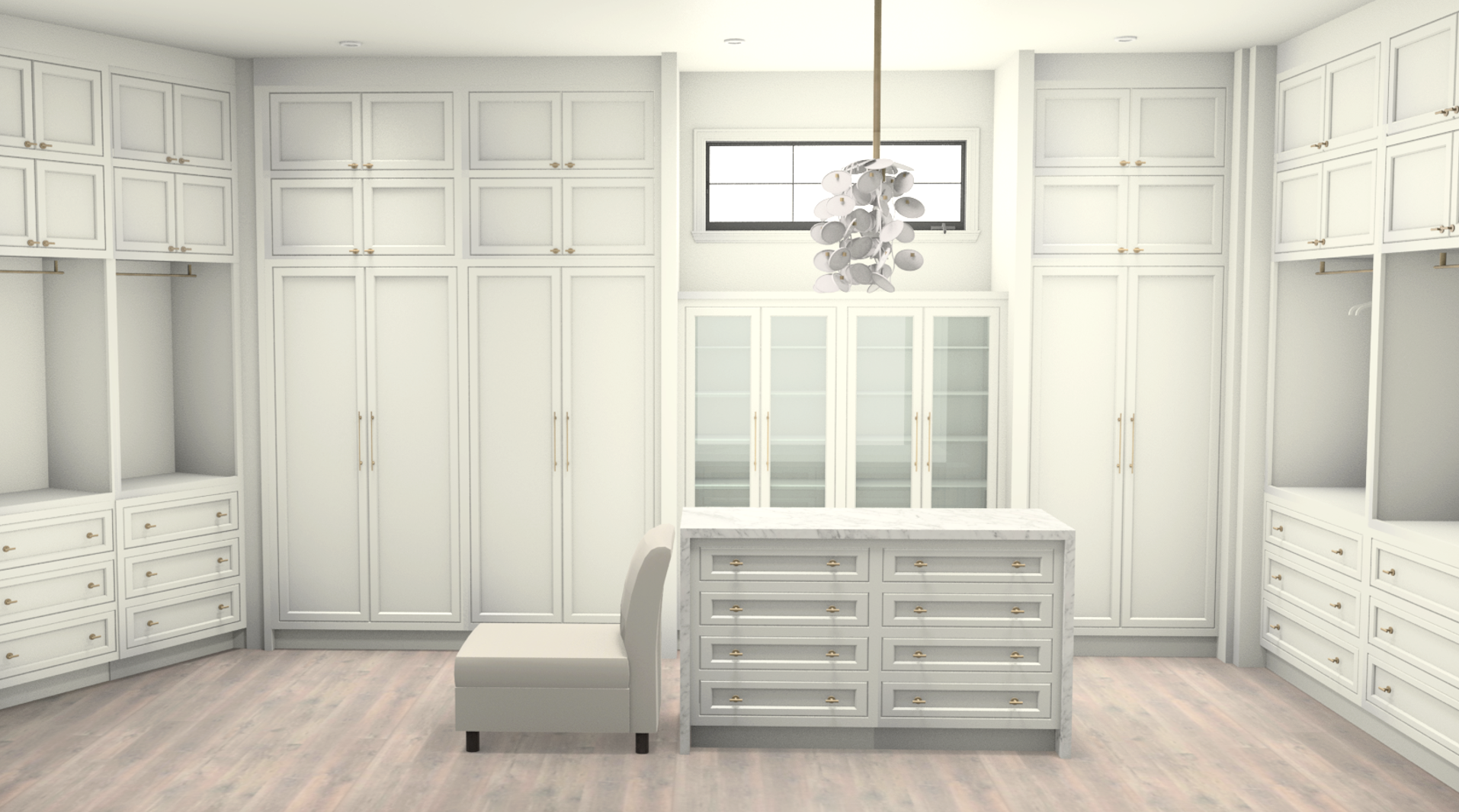 3D rendering of large custom principal dressing room with white cabinets and gold hardware