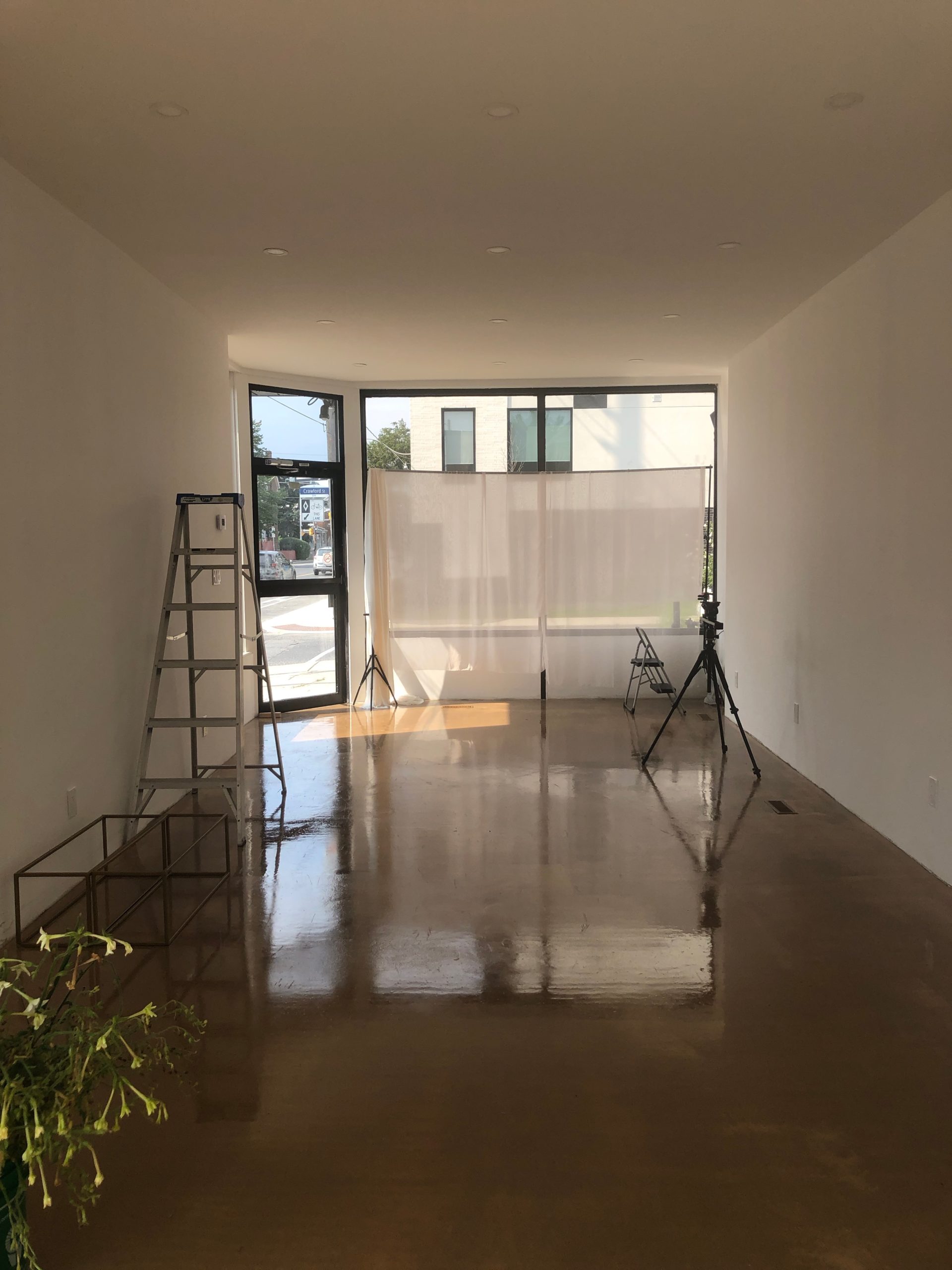 An almost empty shop, concrete floors, white walls and a ladder