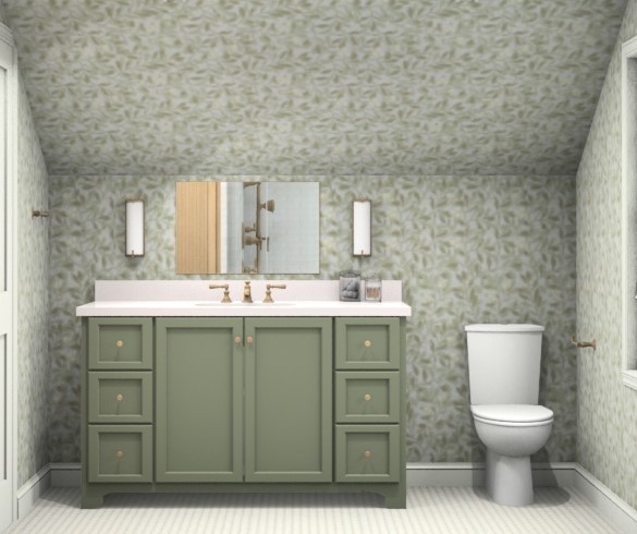 Erin interior design project rendering of bathroom with green vanity