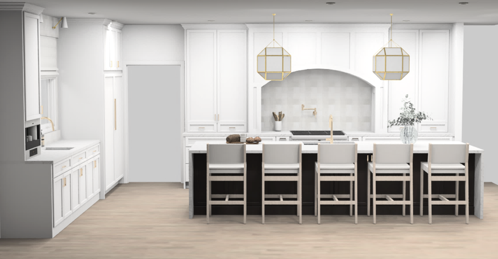 kitchen interior design rendering of white kitchen with dark island and gold fixtures