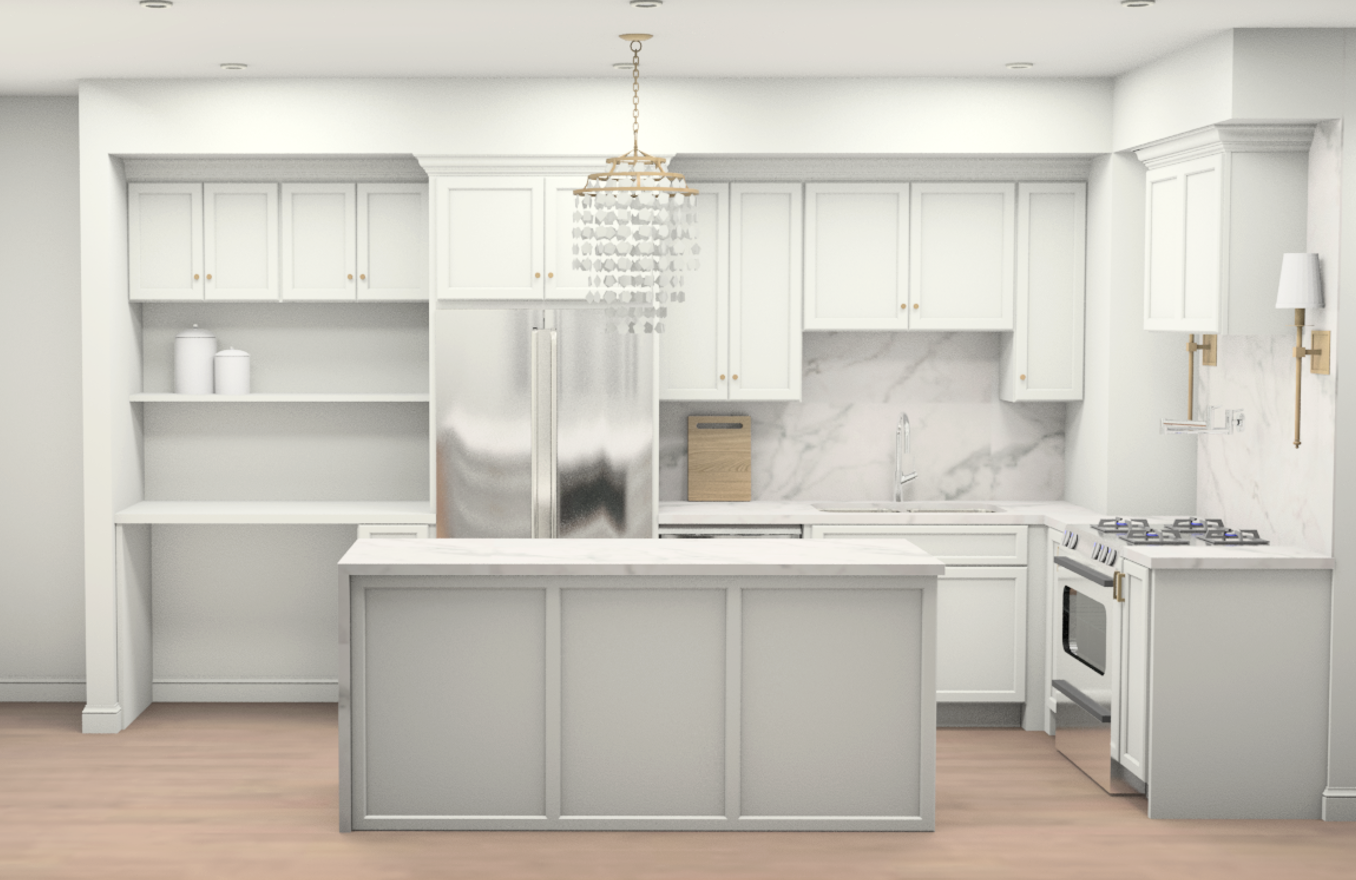 oakville interior design project kitchen rendering of white kitchen and gold fixtures