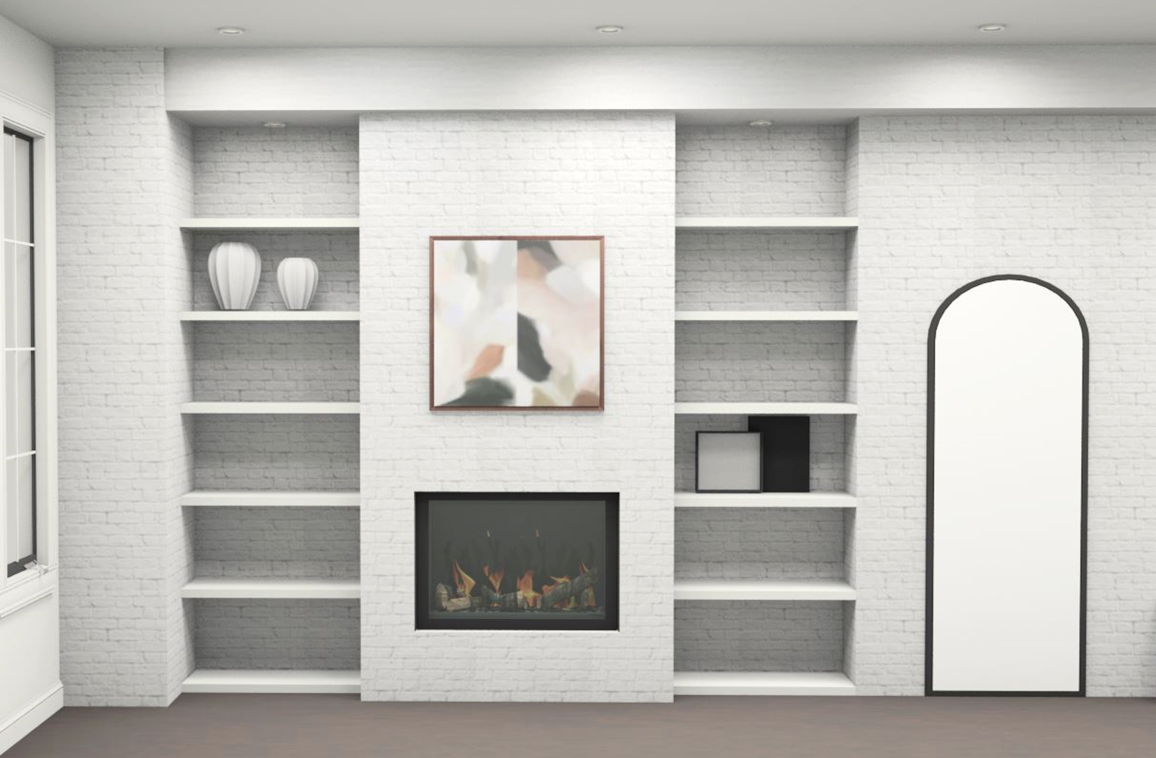 toronto interior design project living room rendering with fireplace and brick wall painted white