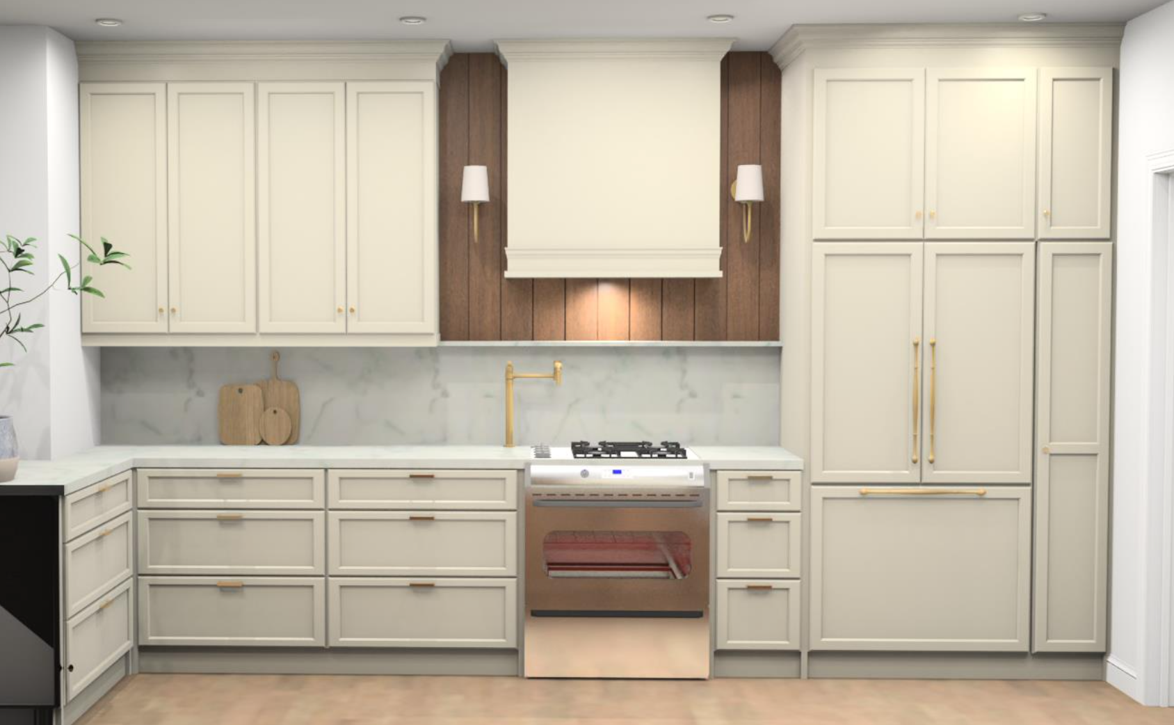 toronto interior design project rendering of kitchen with cream cabinets 