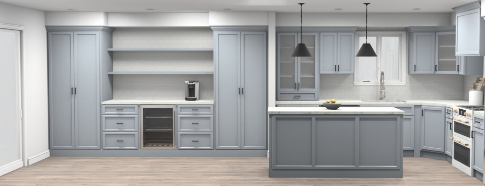 kitchen interior design rendering showing blue kitchen cabinets and white countertops and black accents
