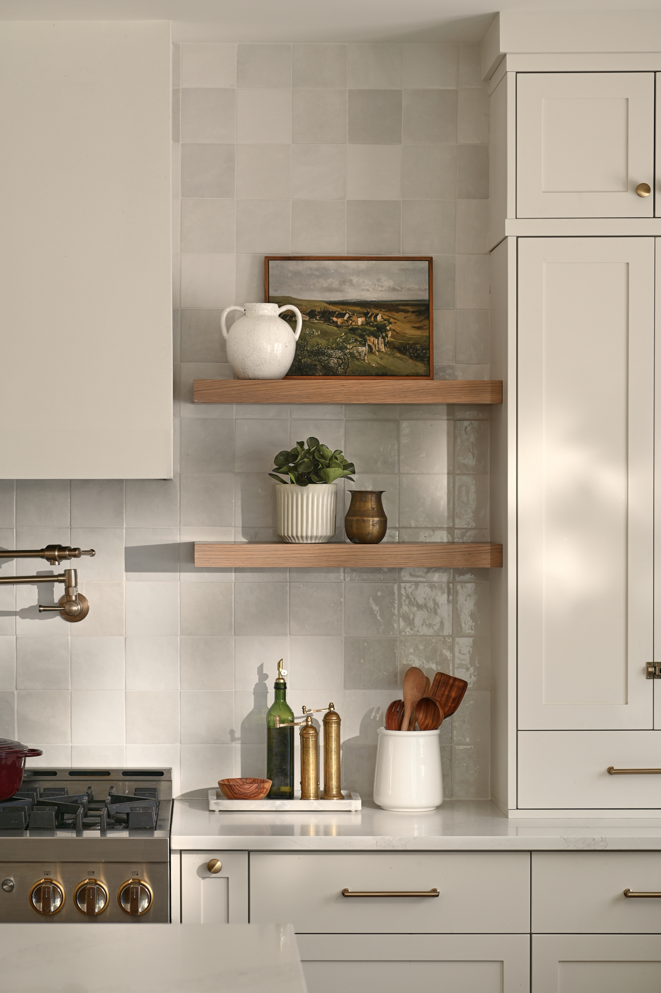 wood shelves in a kitchen beautifully styled with accessories 