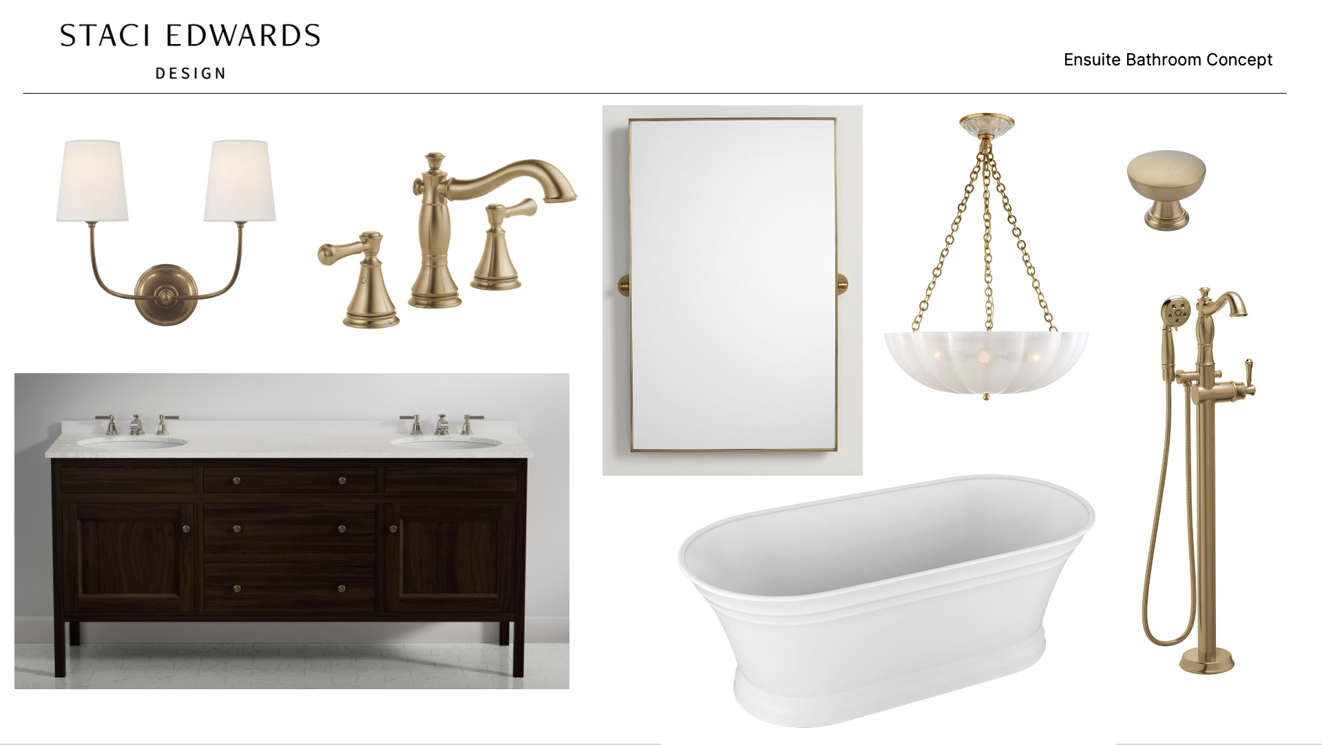 Ensuite bathroom design concept board with brass fixtures, dark wood vanity, freestanding tub, and alabaster chandelier by Staci Edwards Design