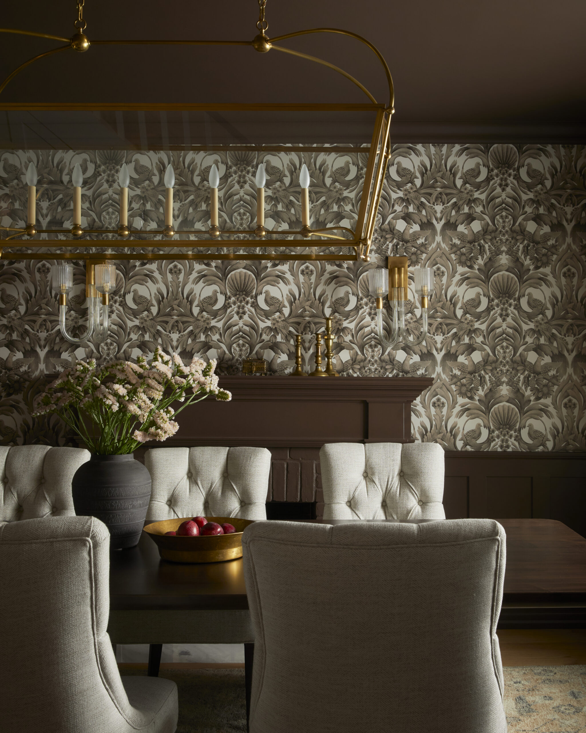Elegant dining room in renovated Rosedale home with warm neutral palette and beautiful wallpaper
