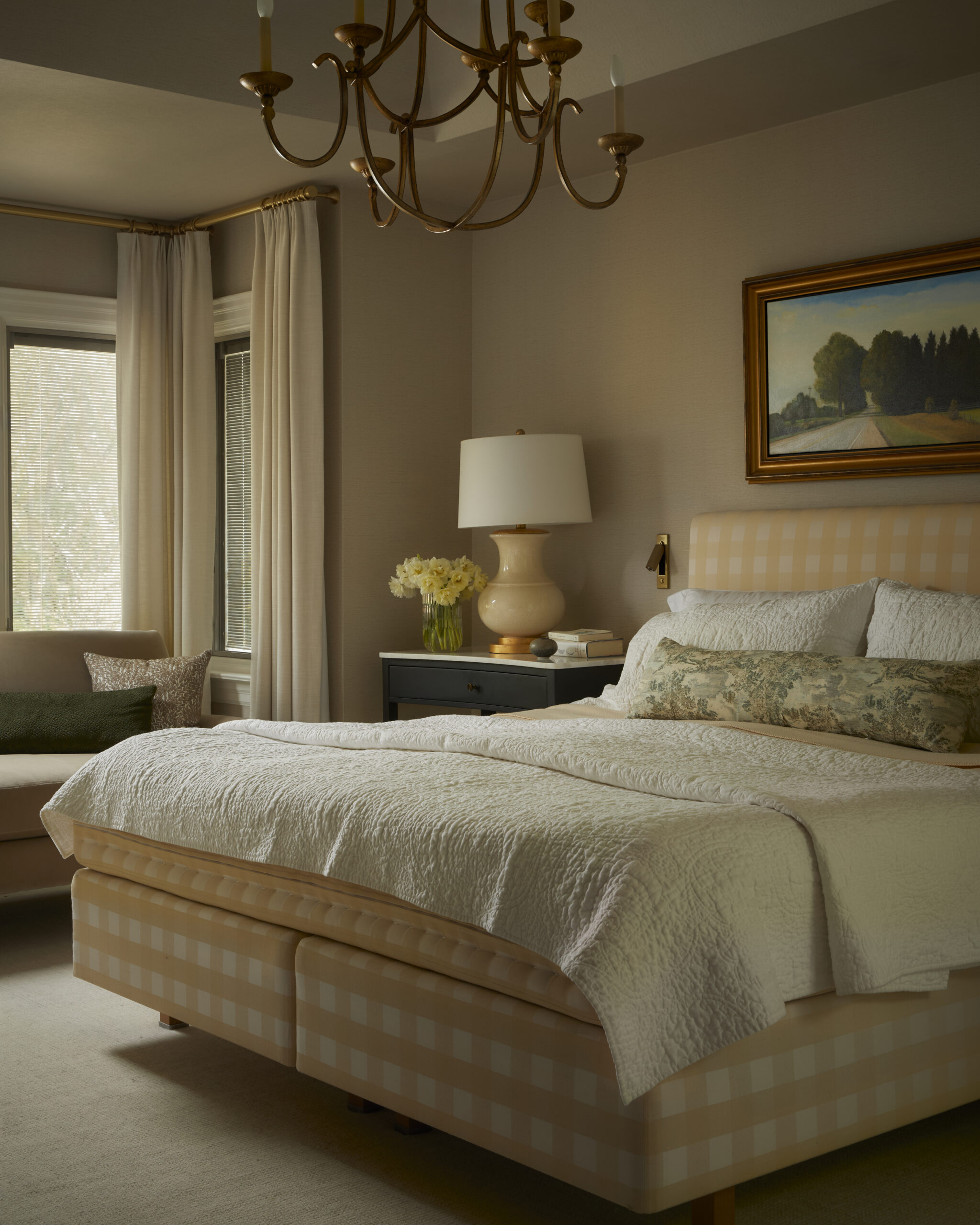 Serene principal bedroom in Rosedale Toronto home with Hästens bed and calming tones