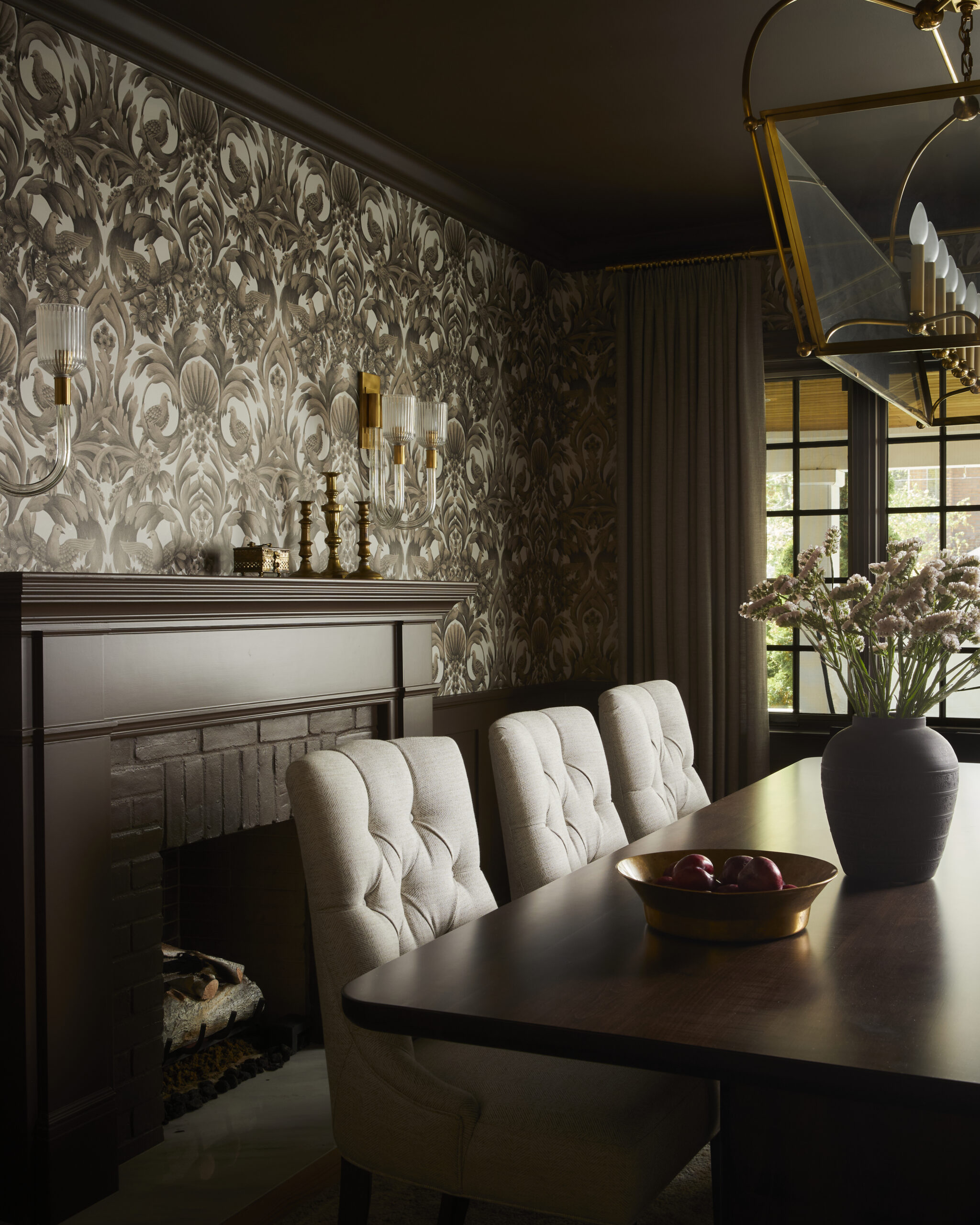 Elegant dining room in renovated Rosedale home with warm neutral palette and beautiful wallpaper