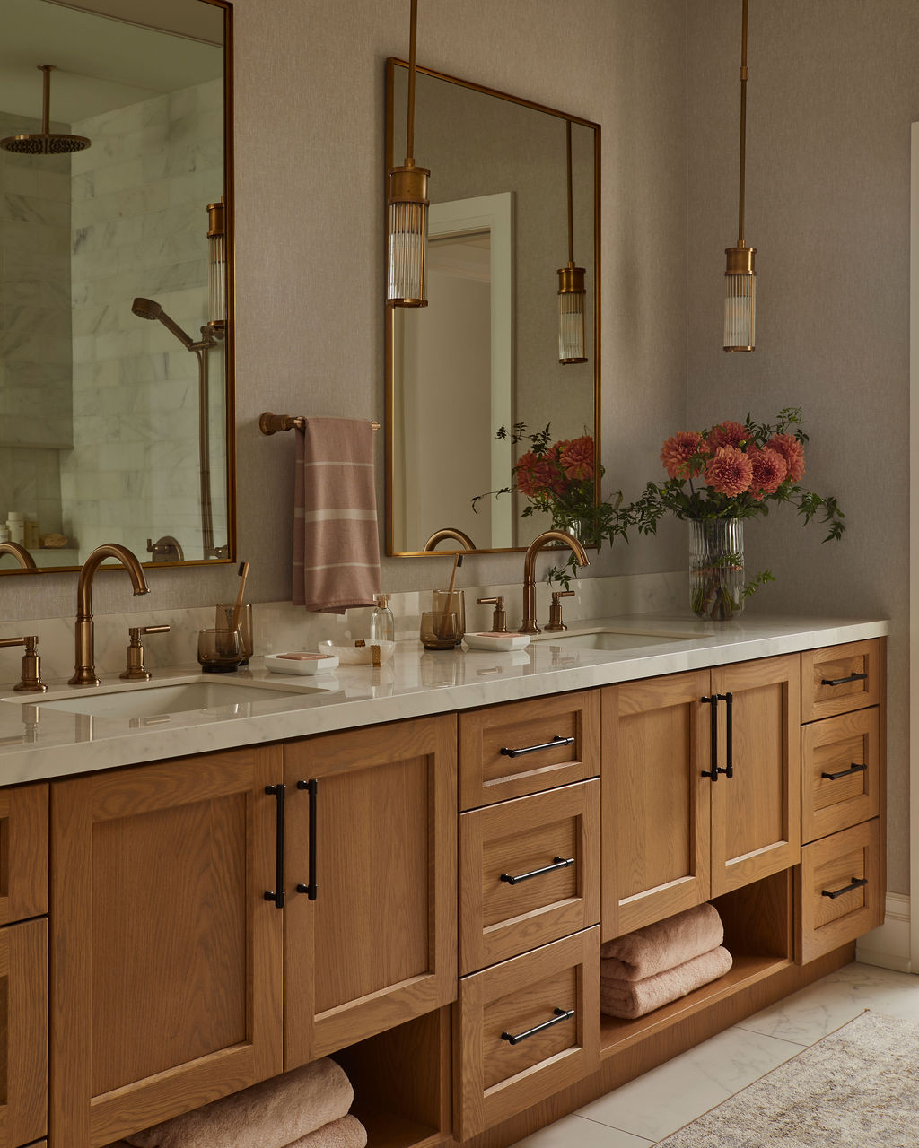 Custom vanity in spa-like principal ensuite bathroom after renovation