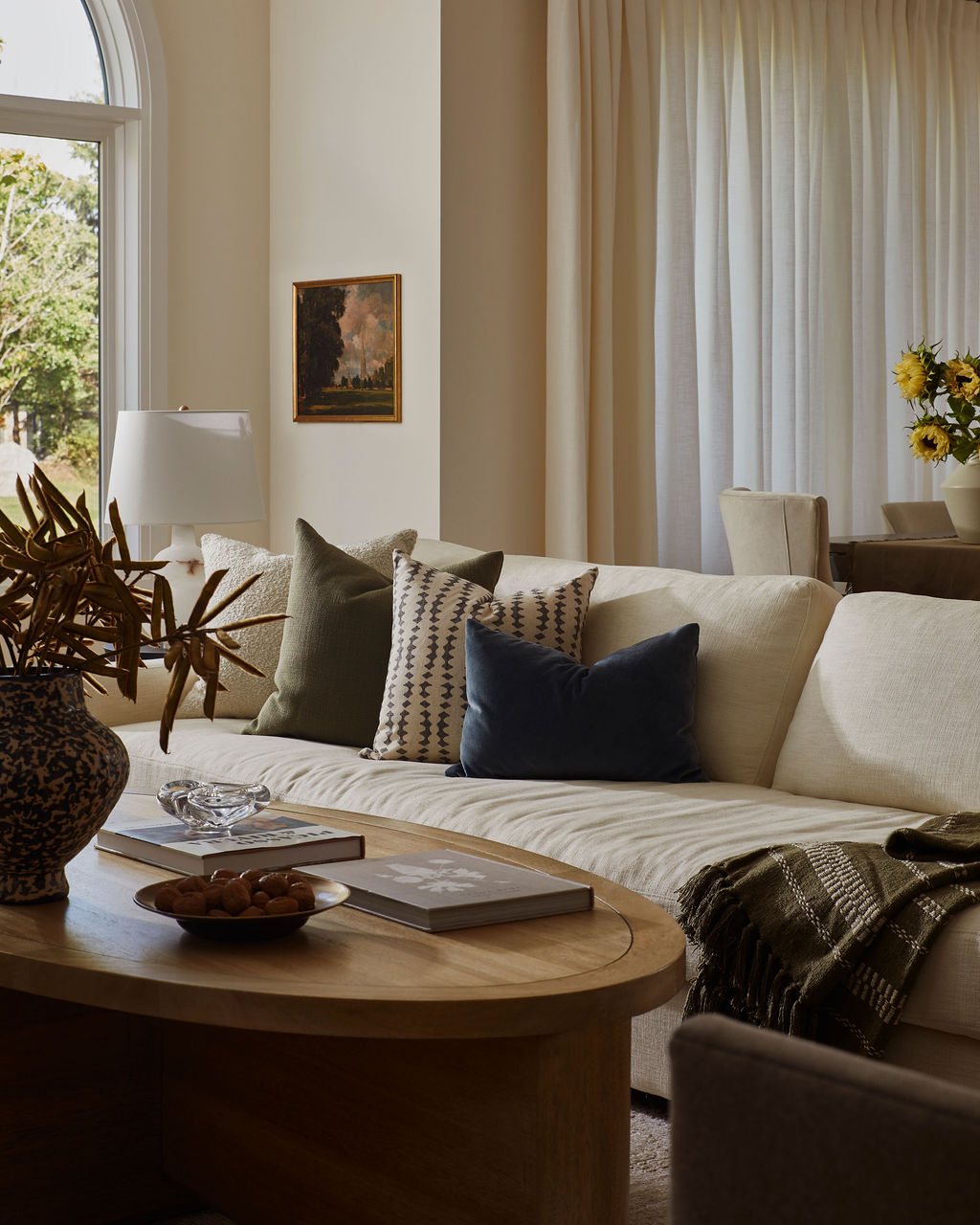 Hamilton interior design project custom sofa and toss pillows in living room